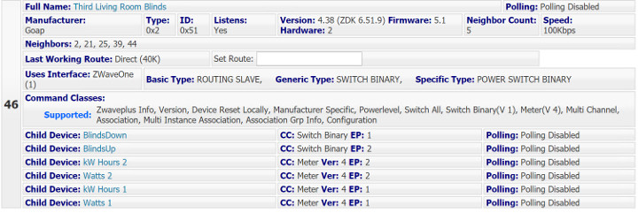Homeseer configuration screen 1 for Z-wave motor control Homeseer configuration screen 1 for Z-wave motor control