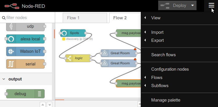 Node-RED dialog example for Alexa control of blinds, shades, and lighting